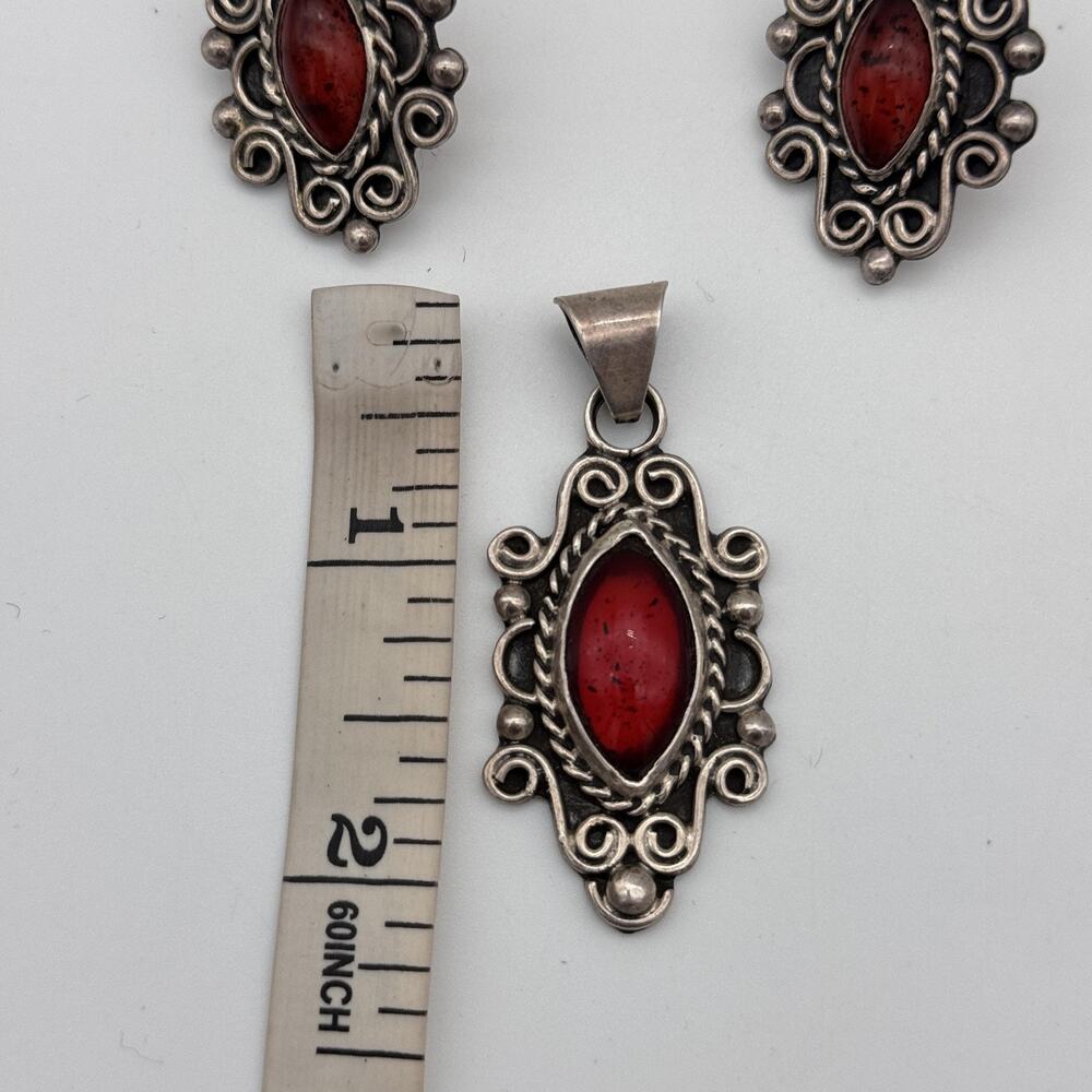 Sterling Silver Mexico Jewelry Set Earrings Pendant Filigree Cabochon Vintage - Picture 11 of 13
